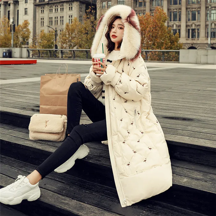 Пуховик женский средней длины вышивка большой меховой воротник зимний белый пуховик высокого качества Женское пальто TTT181
