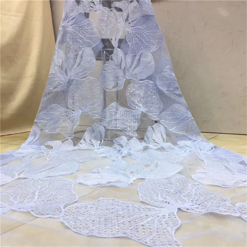 

New Sky blue Hot Sale french lace 5yards/lot cheap african sequins lace fabric white high quality african tulle lace fabric