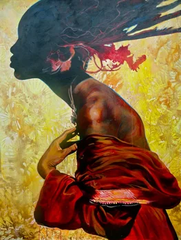

Handmade painting woman with flowing long hair on oil canvas for living room decor and wallpaper