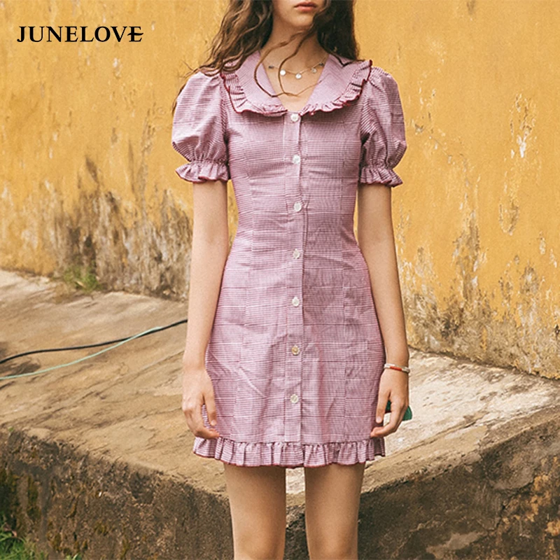 

JuneLove Women Summer Short Puff Sleeve Mini Dress Vintage Single Breasted Female Plaid Dress Casual Slim Lady Ruffles Dress