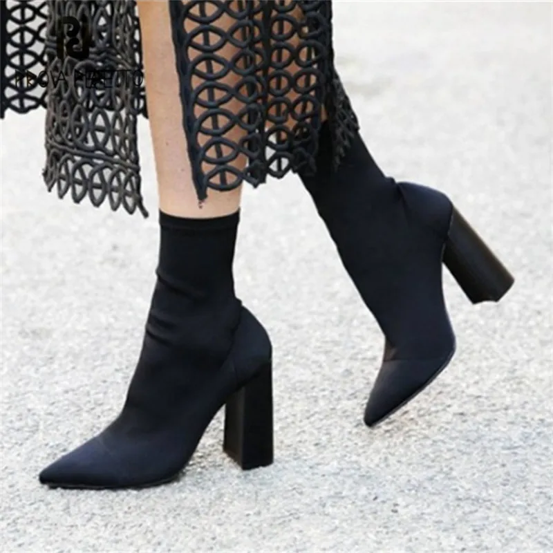 

Prova Perfetto New Elastic Ankle Boots for Women Pointed Toe Chunky High Heel Boot Stretch Fabric Female Short Sock Boots