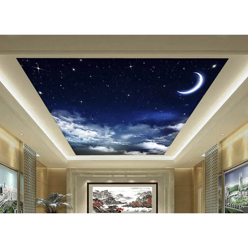 

Custom Photo Wallpaper Zenith Ceiling Sky, Moon, Stars, White Clouds Living Room Restaurant Ceiling Wall Painting Mural Panel