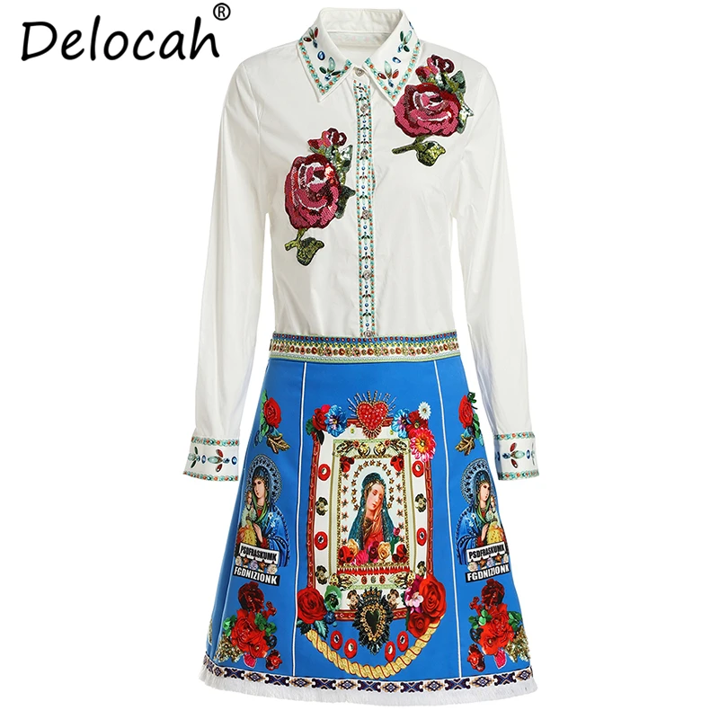 

Delocah Women Summer Vintage Suits Runway Fashion Long Sleeve Sequined Shirt+Elegant Beading Character Printed Skirt 2Pieces Set