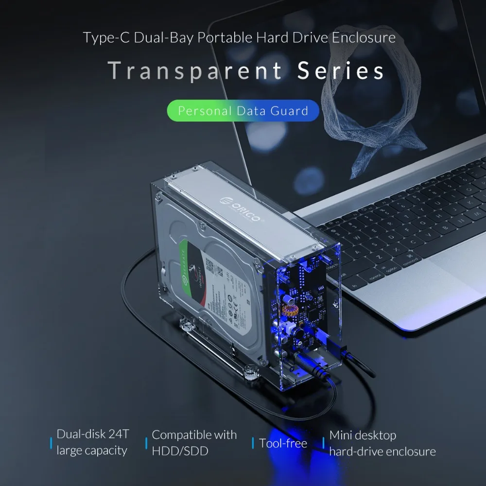 ORICO Тип C двойной отсек портативный жесткий диск SATA к USB C прозрачный HDD док-станция UASP 24 ТБ добавить 12 В адаптер питания