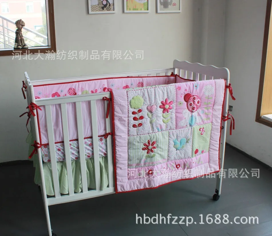 Baby Bedding Set Embroidery Red Big Ladybug Flowers Pattern Crib