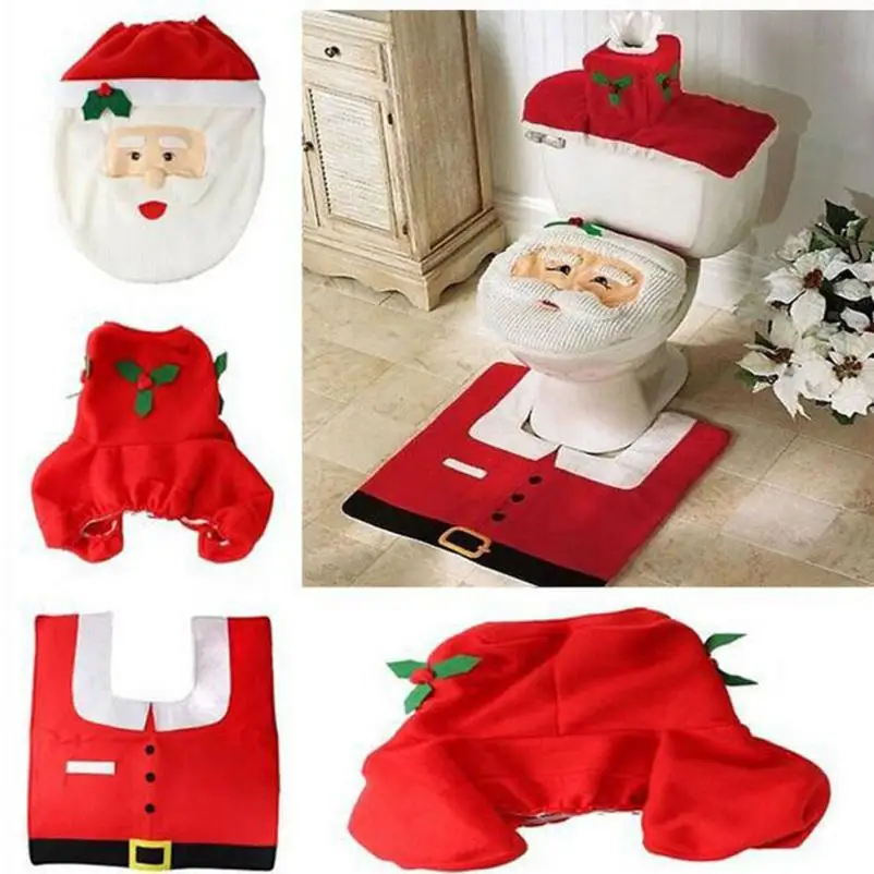 New Qualfied 3PCS Fancy Santa Toilet Seat Cover and Rug Bathroom Set