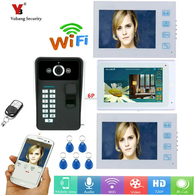 Yobang Security 7\ Fingerprint 3 Monitors Wired/Wireless Wifi Video Door Phone Doorbell Intercom System with 3 white monitors