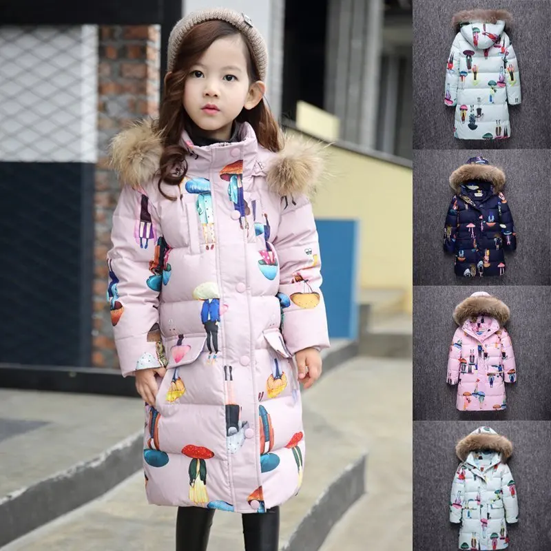 6 12Y Warm girls winter coats funny print 80 white duck down big fur