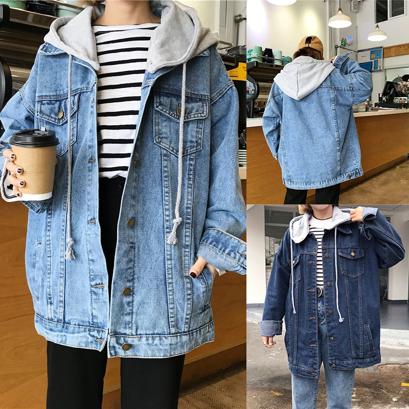 plus size women's fat mm spring autumn bf wind hooded jean jacket female denim Korean jacket women tide veste femme coat women