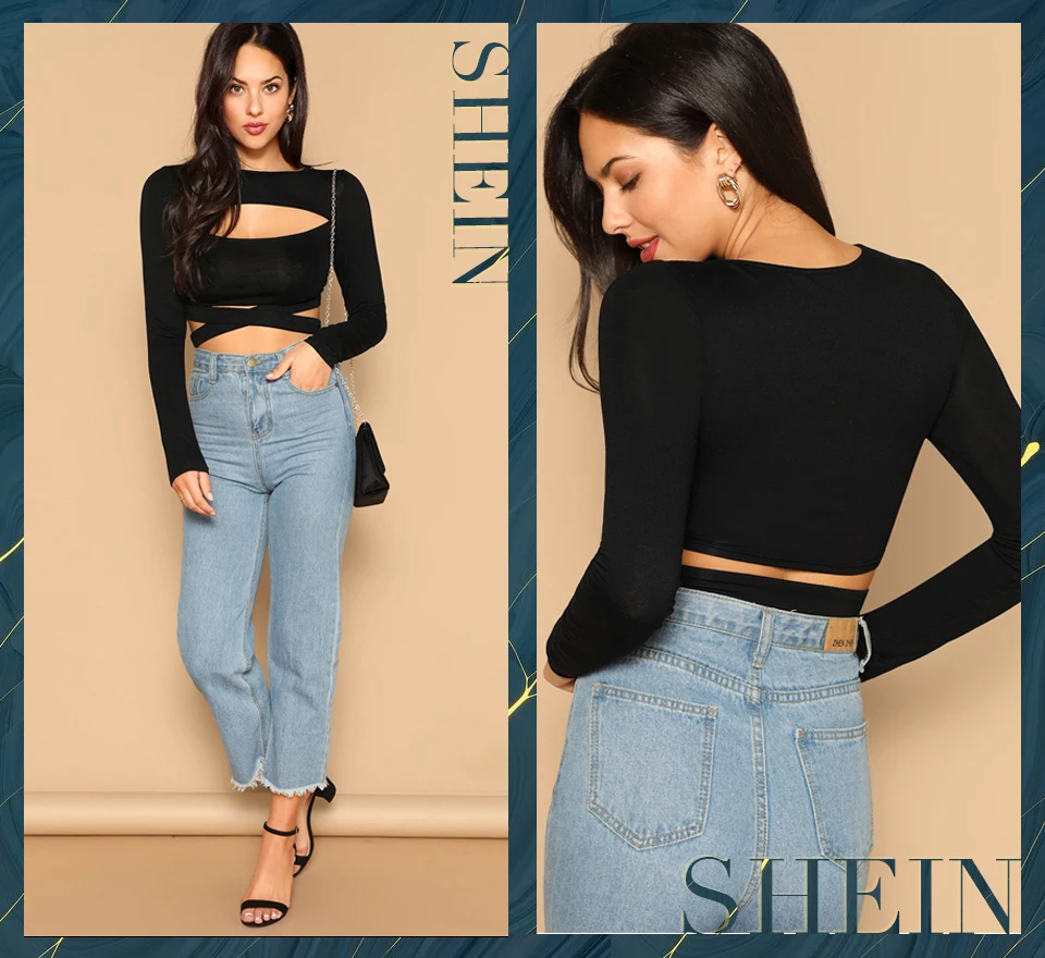 SHEIN Облегающий Укороченный Топ С Длинными Рукавами И Вырезом Сексуальный Кроп Топ На Запах