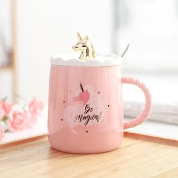 

Magical Unicorn Coffee Mug with 3D Glod Lid and Spoon Ceramic Tea Water Cup Gift for Women Girls Pink