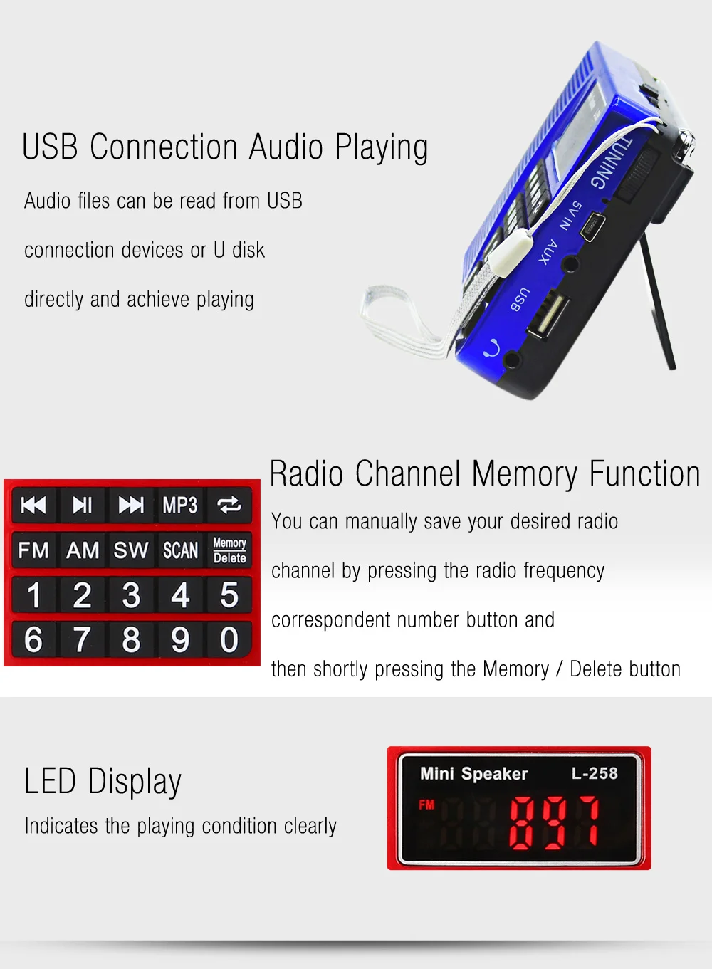 L-258 многодиапазонный fm am радио mw и sw приемник MP3-плеер с tf-картой и USB флеш-накопителем сохранение и удаление радиоканала