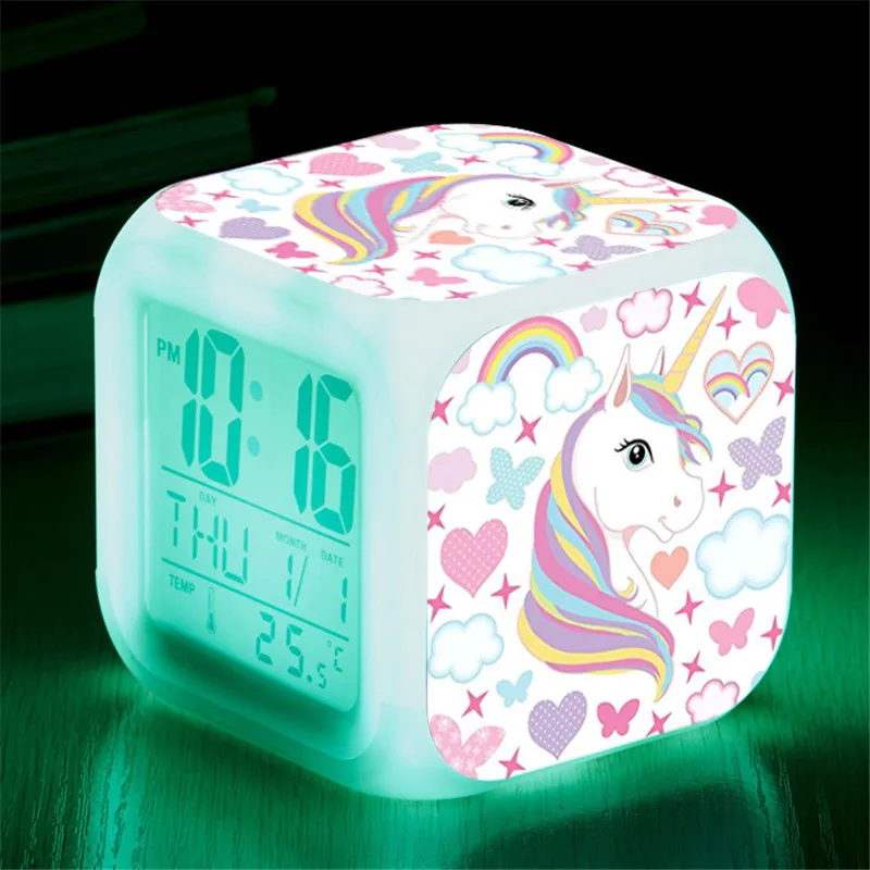 

Unicorn LED Alarm Clock 7 Colors Changing Digital Desk Gadget Digital Alarm Thermometer Night Glowing Clock Kids Desk Decoration