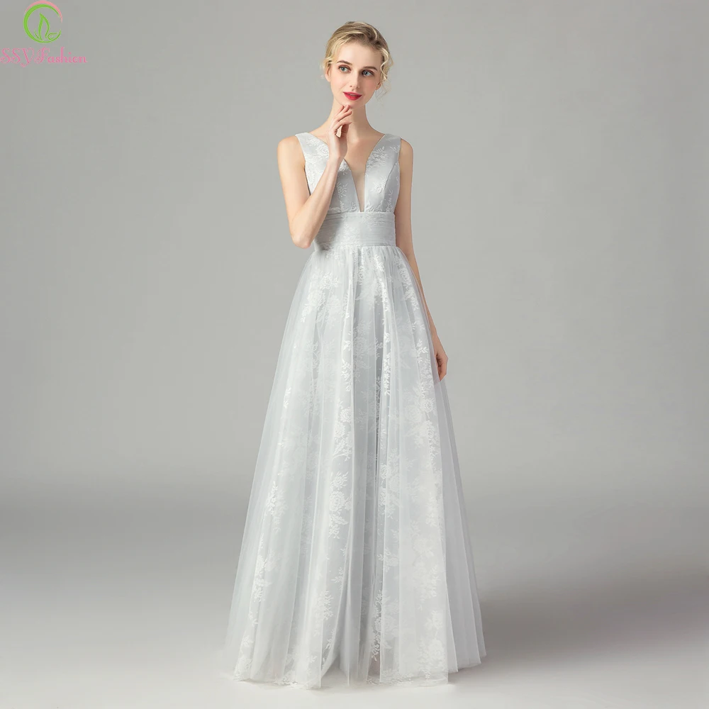 

SSYFashion New Evening Dress Grey V-neck Sleeveless Floor-length Lace Tulle Simple Formal Party Gowns Custom Robe De Soiree