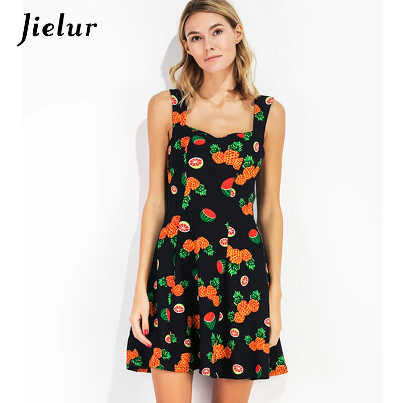 2018 Europe New Sleeveless Fruit Printed Summer Dress Women Cute