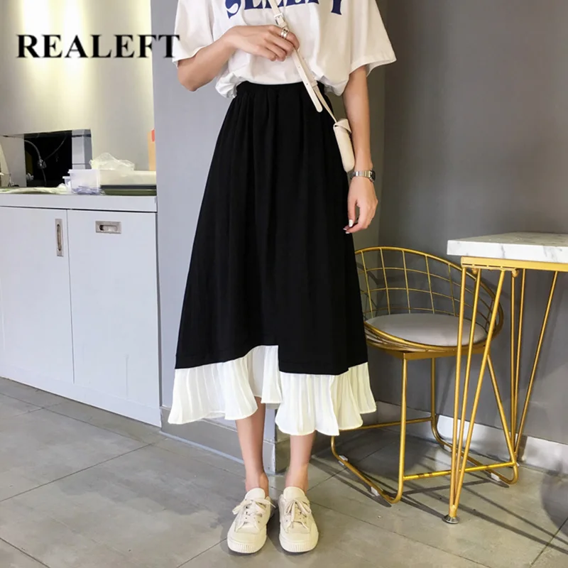 

REALEFT Autumn New Arrival Women Chiffon Long Skirts Black Green Elastic High Waist Patchwork Mid-calf Casual Skirts for Womens
