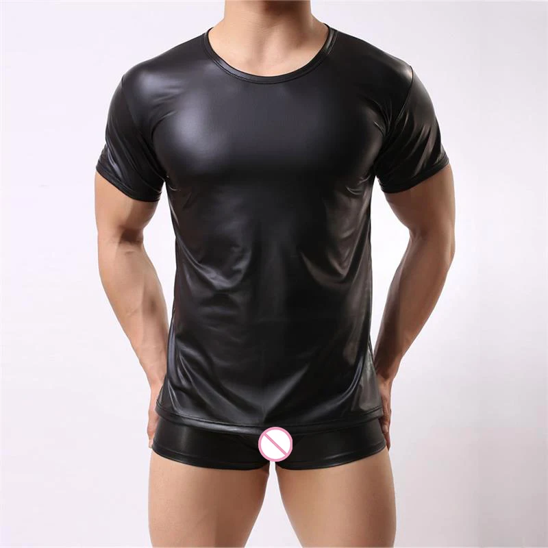 

Hot Sexy Men's Faux Leather Short S T-Shirt Tops Tees Men Sexy Lingerie Funny Exotic Fitness Undershirts Breathable Undershirt