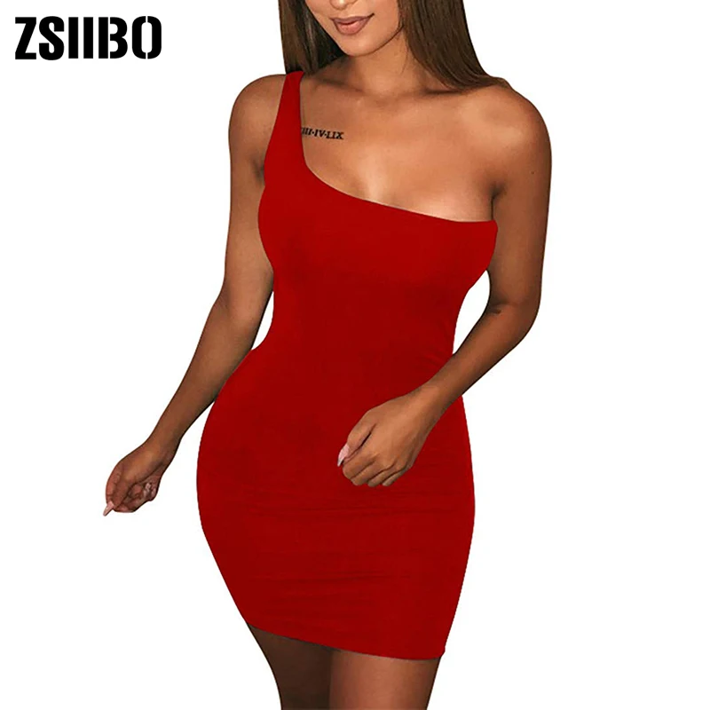 ZSIIBO Womens Casual Basic One Shoulder Tank Top Bodycon long sleeve sleeveless Mini Club Dress drop shipping