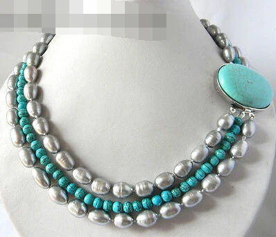 

0810 3Strands 18'' Round Turquoise Gray Freshwater Pearl Necklace