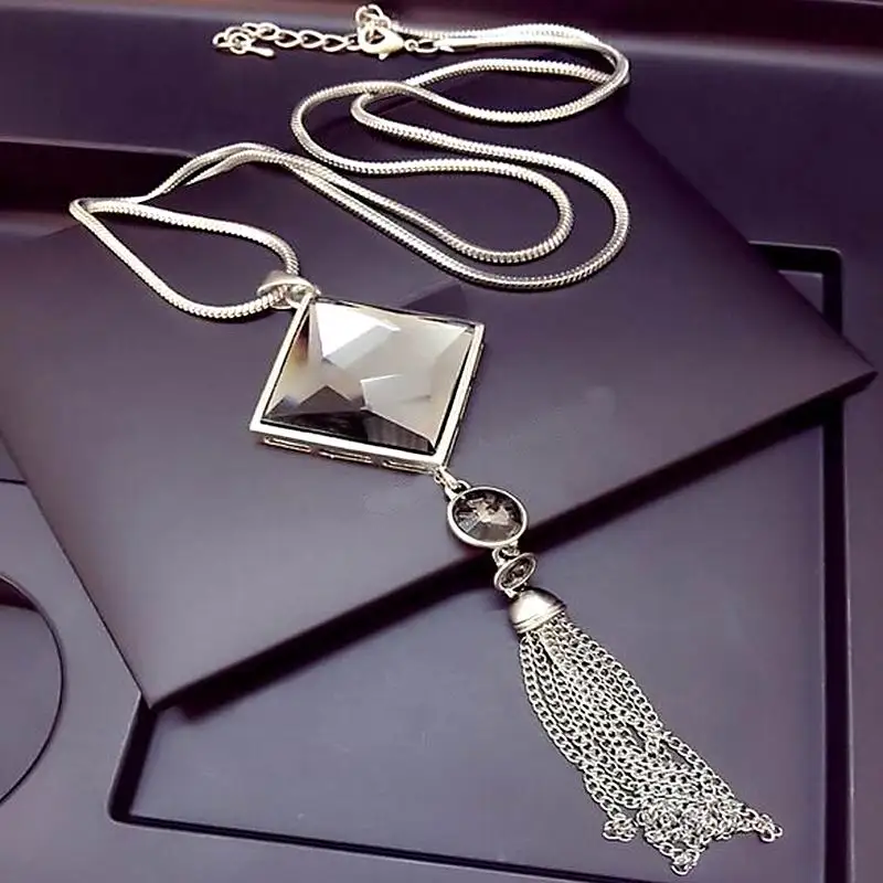 

Geometric Square Crystal Pendant Long Necklace With Tassels Women Trendy Necklaces & Pendants Jewelry Costume Accessories Gift