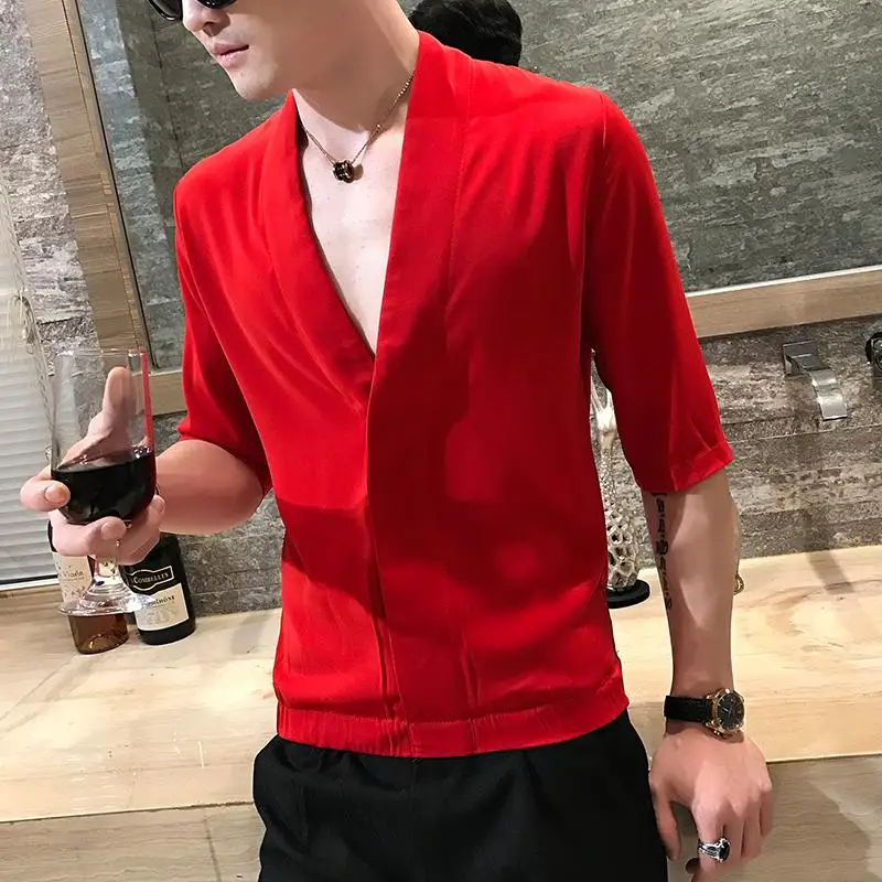 Однотонные вечерние рубашки с глубоким v-образным вырезом, сексуальные мужские облегающие рубашки с коротким рукавом, Корейская мужская модная одежда, гавайская рубашка 5XL - Цвет: Red Party Shirt