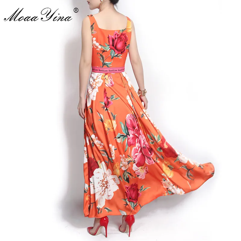 MoaaYina, модное дизайнерское подиумное платье, летнее, женское, на тонких бретелях, с цветочным принтом розы, с бисером, повседневное, праздничное, элегантное, макси платье