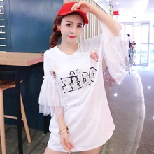 Милая стильная футболка Женские топы летние бисероплетенные буквы o-образным вырезом с расклешенными рукавами футболки женские белые футболки с коротким рукавом