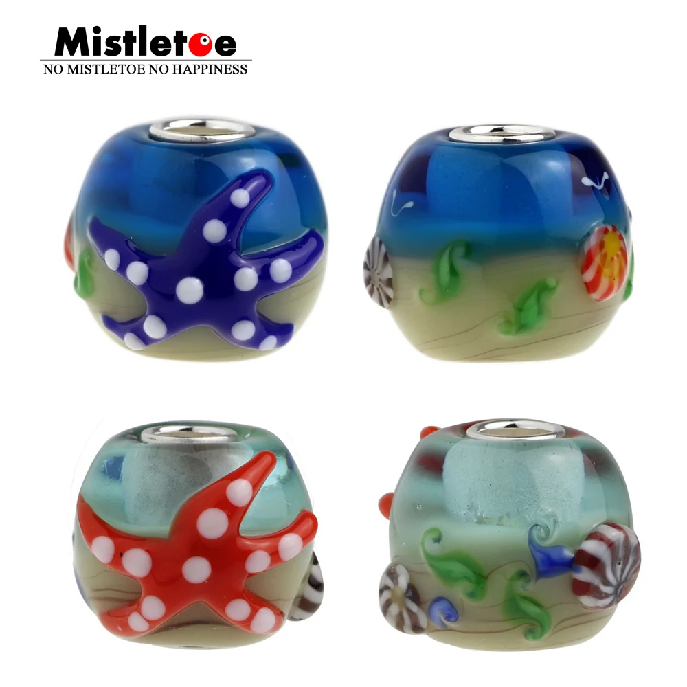 

925 Sterling Silver Large Hole 3D The Underwater world Starfish Murano Glass Charm Beads Fit European 3.5mm Bracelet Jewelry
