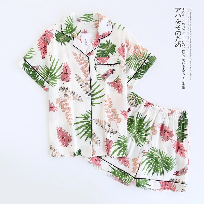 

Pajama sets Fresh leaf pyjamas women 100% gauze cotton short sleeve trousers Korea pajamas mujer homewear women sleepwear pyjama
