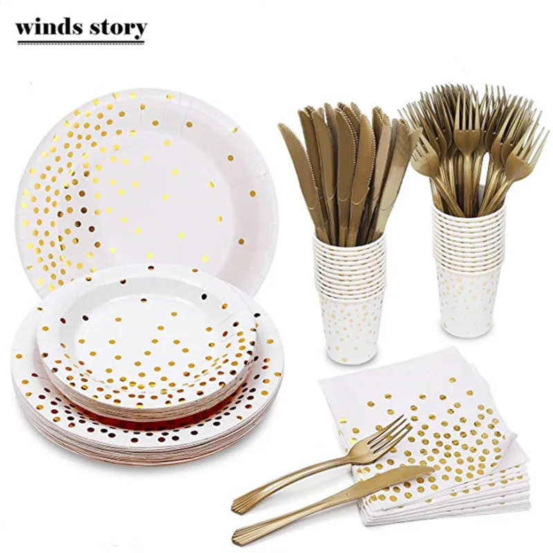 

60pcs Bronzing Dot Disposable Tableware Christmas New Year Party Decoration Paper Cup Cup Napkin Set Thickening Birthday Supplie