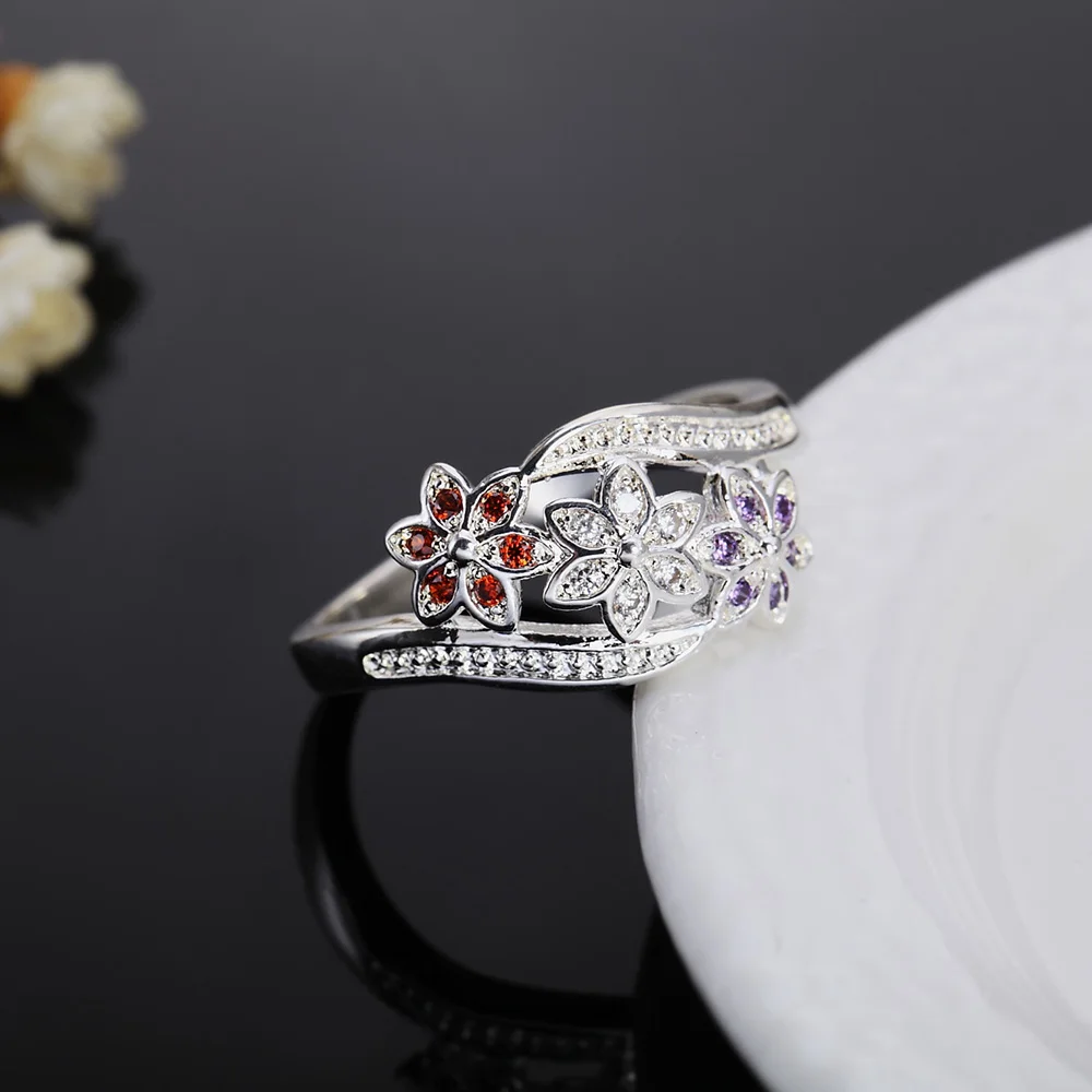 Штампованный, высокое качество для женщин Леди Свадьба инкрустированные камень цветок кольцо Мода женщин Серебряный цвет ювелирные изделия AR1075