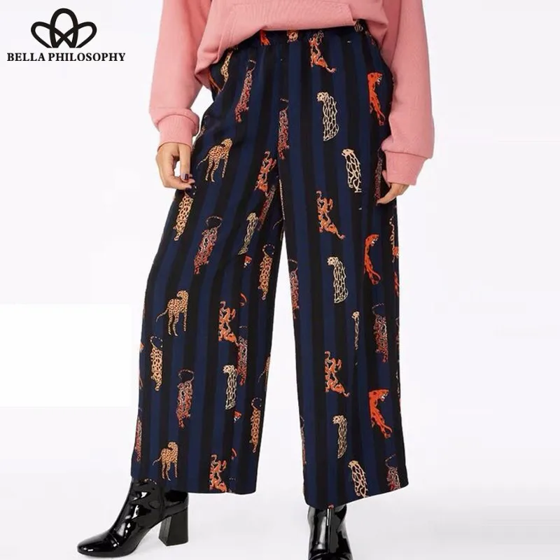 Wonder Spring Animal Print Long Pants High Waist Female Vintage Loose Wide Leg Pants Striped Casual Lady Zipper Pants 2019