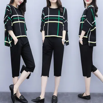 

Loose Thin Two-piece Suits Summer Costumes For Women Striped Casual Top&pants Set Conjunto Feminino Ensemble Femme Deux Pieces