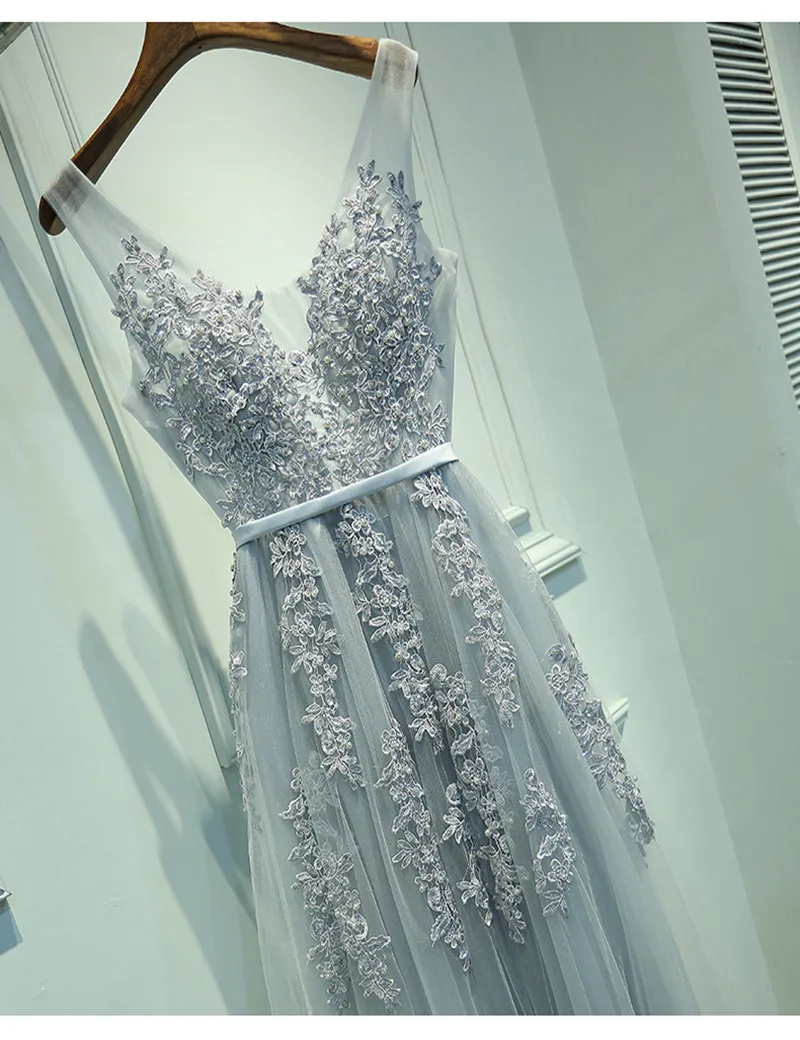 Сексуальное вечернее платье с v-образным вырезом, Robe De Soiree, высокое качество, Серый Тюль, вечерние платья с аппликацией, настоящая фотография, vestido de festa