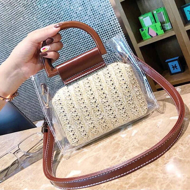 

Transparent Bag Summer Straw Messenger Bag Two-Piece Female Transparent Bag Handbag Shoulder Bag