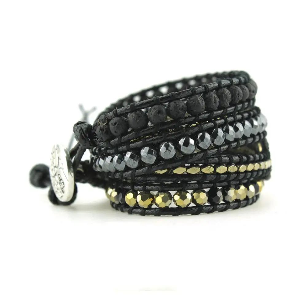 Online Hohe Qualität 5 Stränge Natürliche Steine mit Gold Schwarz Perlen Leder Wrap Armband Perlen Armreif Armband Punk Paar Schmuck