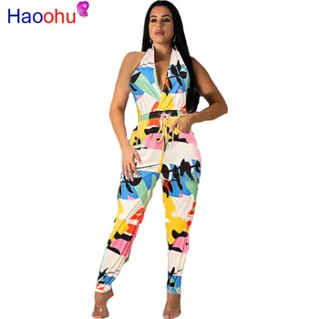 

HAOOHU 2019 fashion Print Backless Hanging neck Women Jumpsuits Women Sexy Summer Rompers Calf-length One Piece Pants Playsuits