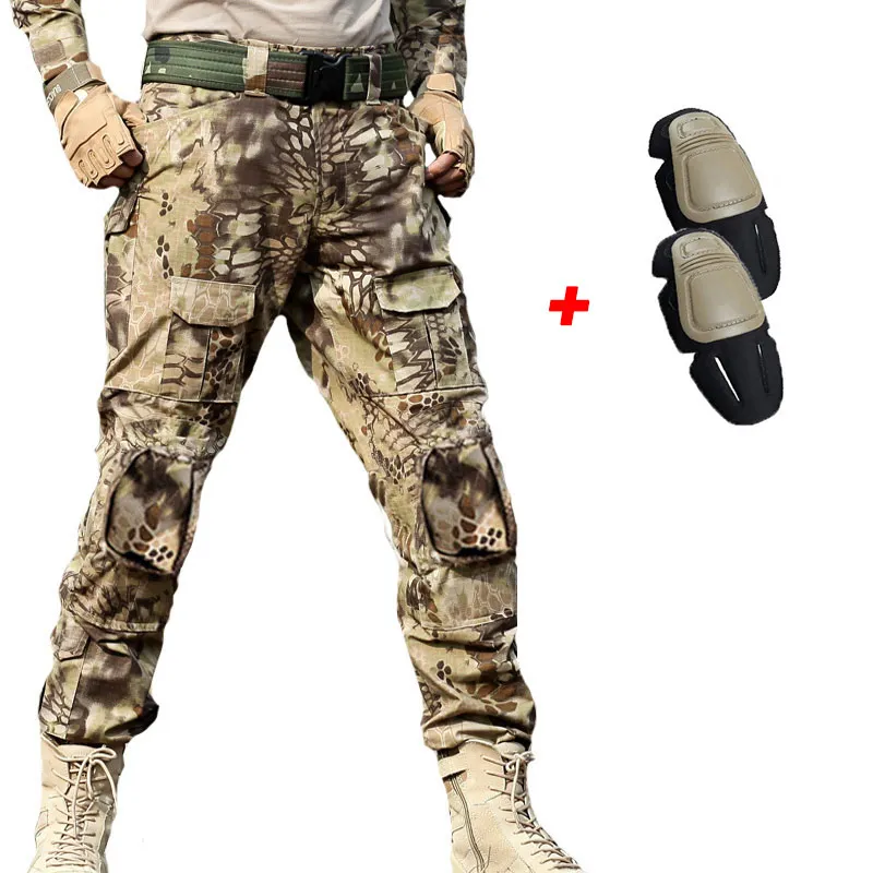 Тактические Военные Брюки мужские камуфляжные армейские охотничьи брюки с наколенниками карманы Пейнтбол боевые брюки карго камуфляжные длинные брюки - Цвет: with knee pads