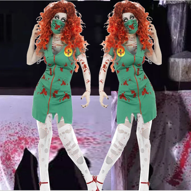 

High quality new Halloween zombie horror costumes vampire bloody carnival party masquerade actress female green nurse doctors bl