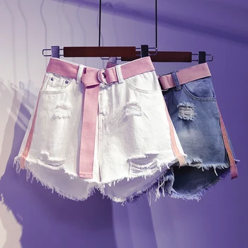 

hole denim women shorts solid blue pockets pink belt summer new wide leg plus size cool female shorts top quality