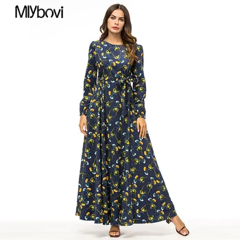 

Navy Elegant Adult Muslim Women Loose Dress Middle East Abaya Dubai Kaftan Islamic Lady Digital Printed Long Dresses Clothing