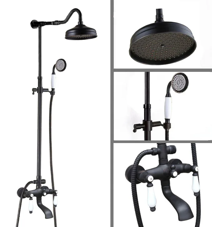 

Black Oil Rubbed Brass Dual Ceramic Handles Bathroom 8 Inch Round Rain Shower Faucet Set Bath Tub Mixer Tap Hand Shower mhg644