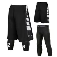 Men Sets Sporting Gymming QUICK-DRY Workout Compress Capri Cropped Casual Board Shorts For Bodybuilding Runs Slim Fitness 8509
