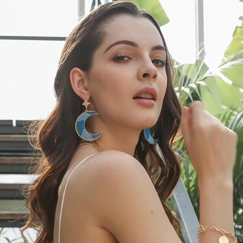 

MANILAI Boho Handmade Big Moon Drop Dangle Earrings for Women Gold Color Alloy Multicolor Cotton Thread Statement Earrings 2019
