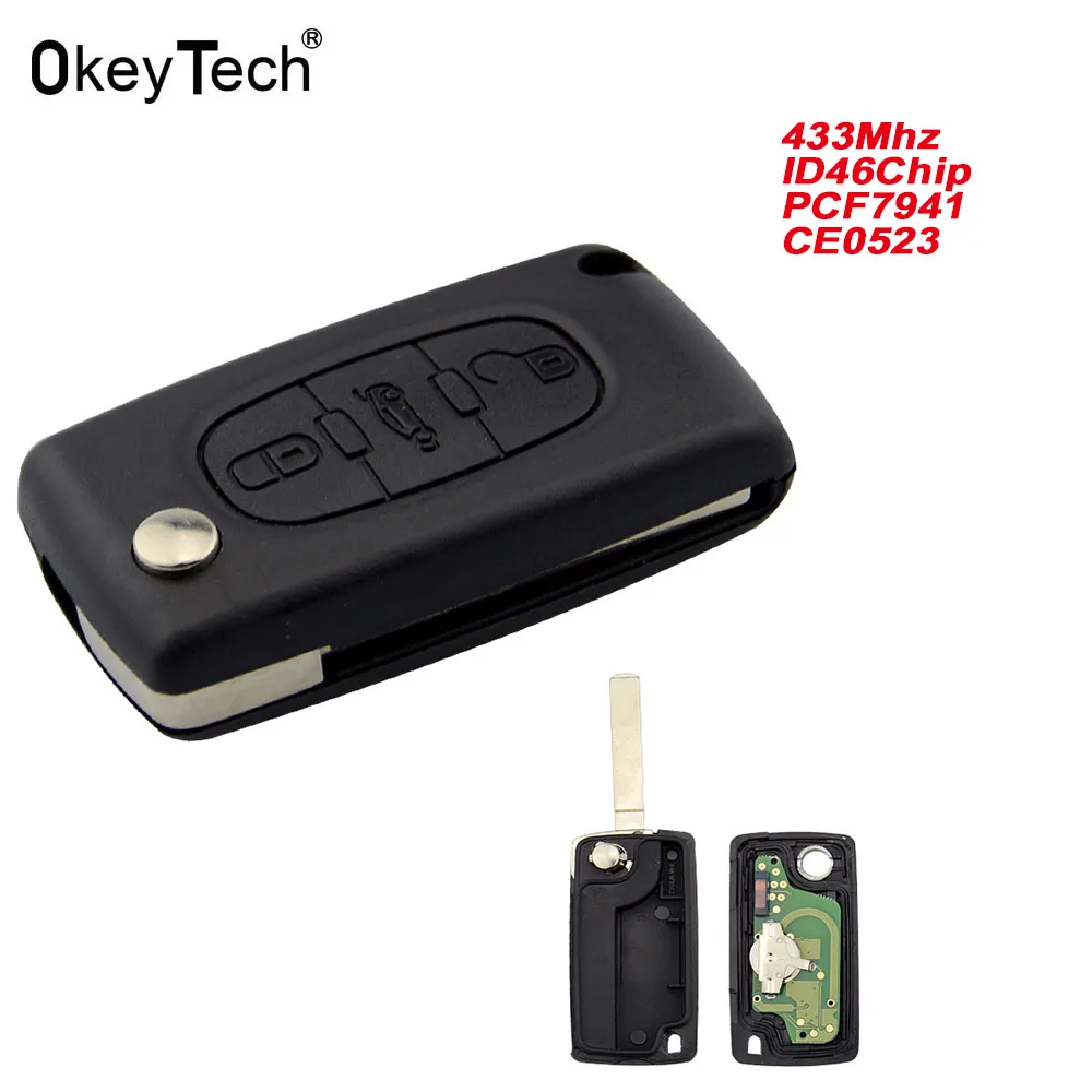 OkeyTech CE0523 3 кнопки 433 МГц чип ID46 PCF7941 VA2 лезвие флип чехол для дистанционного ключа от машины для peugeot, для Citroen C5 C2 C3 C4 C6 C8