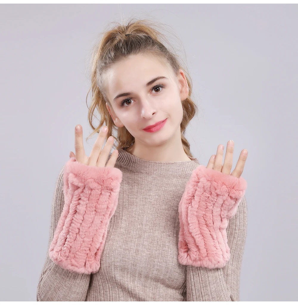 Good Elastic Women Real Genuine Knitted Rex Rabbit Fur Fingerless Gloves Mittens Warm Natural Rex Rabbit Fur Gloves