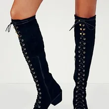 Женские ковбойские сапоги на среднем каблуке; цвет серый, черный; ботинки в стиле ретро; сезон осень-зима; сапоги до колена на шнуровке; женская обувь; botas mujer