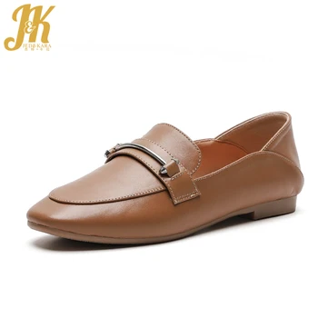 

JK Fashion Casual Women Flats Square Toe Footwear Solid Cow Leather Loafers Shoes Flat Sole Mules Shoes Woman 2019 Spring New