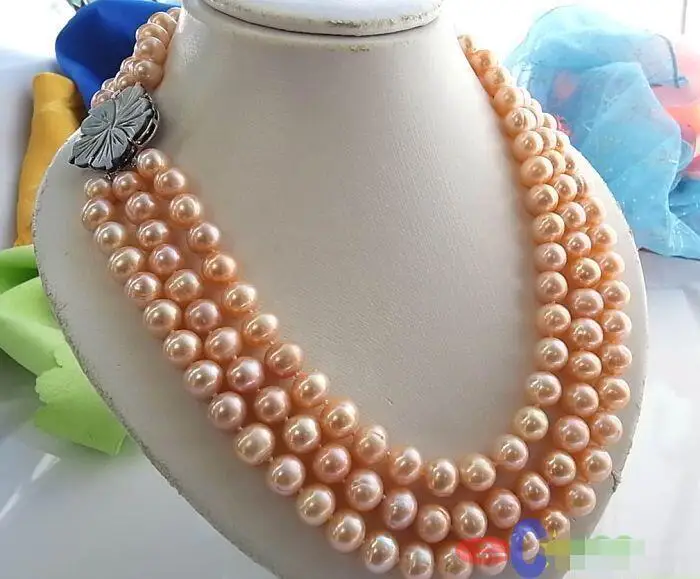 

FREE SHIPPING HOT sell new Style >>>>3ROW 11MM PINK ROUND FRESHWATER CULTURED PEARL NECKLACE SHELL p848