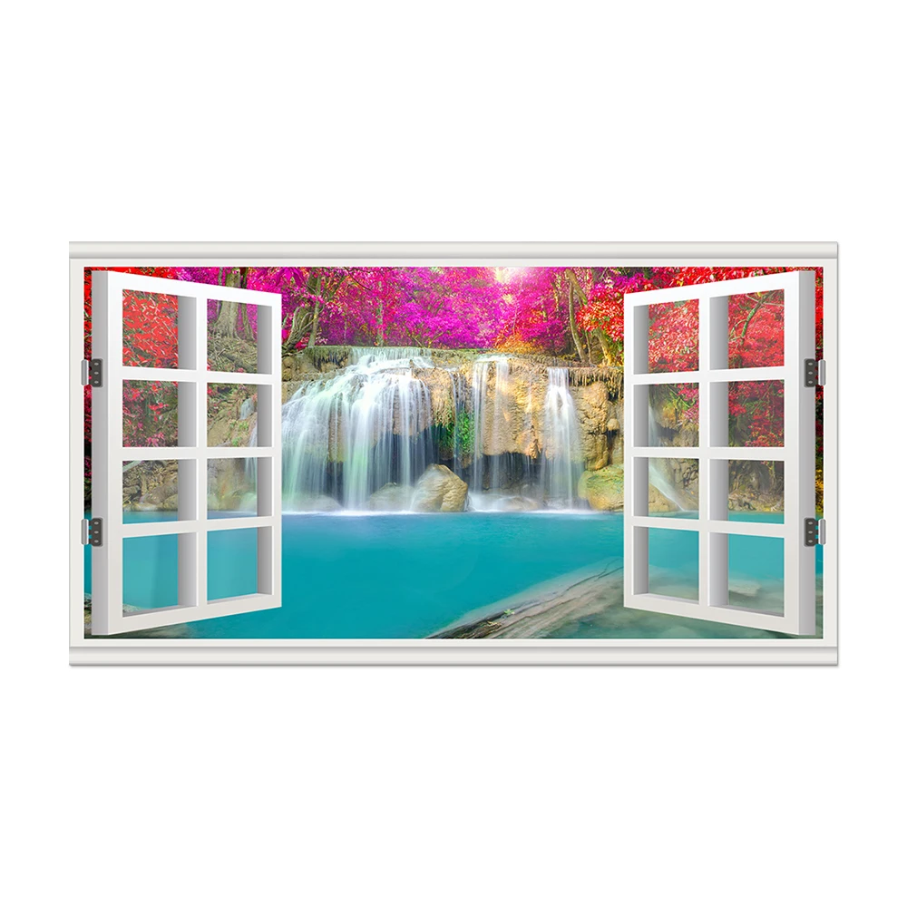 

Visual Art Decor Waterfall Pictures Prints Clear Lake and Green Trees Window Frame Style Modern Painting Room Decor